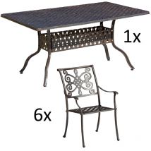 7-teilige Sitzgruppe Alu-Guss bronze Tisch 150x97x74 cm cm mit 6 Sesseln Tisch 150x97 cm mit 6x Sessel Nexus - Inko
