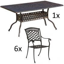 7-teilige Sitzgruppe Alu-Guss bronze Tisch 150x97x74 cm cm mit 6 Sesseln Tisch 150x97 cm mit 6x Sessel Urban - Inko
