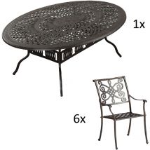 7-teilige Sitzgruppe Alu-Guss bronze Tisch oval 216x152x74 cm cm mit 6 Sesseln Tisch 216x152 cm mit 6x Sessel Nexus - Inko