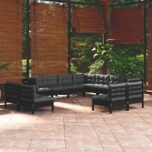 Salon de jardin 11 pcs avec coussins Noir Bois de pin solide - Inlife