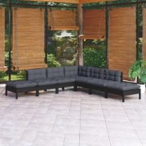 Salon de jardin 7 pcs avec coussins Noir Bois de pin - Inlife