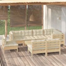 Salon de jardin 9 pcs avec coussins crème Bois de pin massif - Inlife
