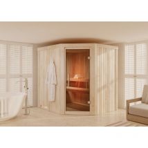 Karibu - Sauna Lilja mit Eckeinstieg Innensauna 2 Sitzbänke aus Holz , Saunakabine mit 68 mm Wandstärke Dampfsauna Naturbelassen