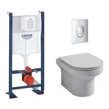 Pack inodoro suspendido Jacob Delafon sin brida + Estructura soporte inodoro Grohe + Mando redondo cromado Grohe