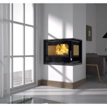 Insert à bois d'angle - firematic Lora-D 12.6 kW Foyer en vermiculite - Porte fonte - avec vitre sérigraphiée noire