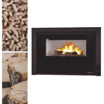 Insert mixte bois granules Bronpi Insert-Hybrid 9 kW Sans kit air - Foyer en firetek - Sans cadre 4 côtés - Avec support pieds réglables