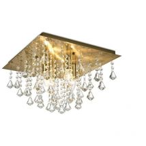 Inspired Deco - Acton - Flush Ceiling 4 Light E14, 380 mm quadratisch, Antikmessing, Prismenkristall