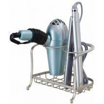 IDesign Portaoggetti bagno, Supporto phon e piastra piccolo in metallo, Porta phon da appoggio con 2 scomparti e cestello, argento opaco