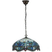 Interiors 1900 - Interiors Dragonfly Blue - 3 Light Medium Ceiling Pendant Bronze, Blue, Dragonfly Tiffany Glass, E27