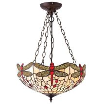 Interiors Dragonfly Beige - 3 Ciondolo A Soffitto Rovesciato Medio Chiaro Bronzo, Beige, Vetro Tiffany Libellula, E27