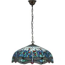 Interiors Dragonfly Blue - Lampadario a 3 luci grande bronzo, blu, vetro Tiffany libellula, attacco E27