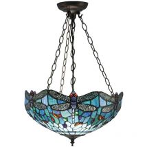 Interiors Dragonfly Blue - Plafonnier inversé moyen à 3 ampoules, bronze, bleu, verre tiffany libellule, E27