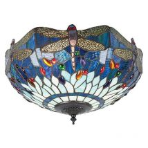 Interiors 1900 - Interiors Dragonfly Blue - Plafonnier moyen à 2 ampoules, bronze foncé, bleu, verre de style Tiffany, E27