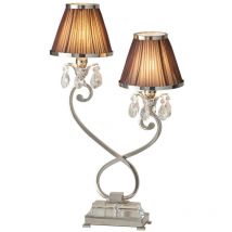 Interiors Oksana Nickel - Lampada da tavolo doppia a 2 luci con piastra in nichel lucido con sfumature di cioccolato, E14