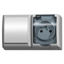 Ospel - Interrupteur unipolaire + prise simple clapet transparent en saillie étanche IP44 blanc Fala