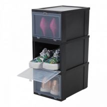 Boxen, Schuh-Organizer aus Kunststoff, 9 l, 3er-Set, stapelbar, BPA-frei, eudf-s, schwarz, stapelbar, Verschlussclips – B32 x T22 x H18 cm - Iris