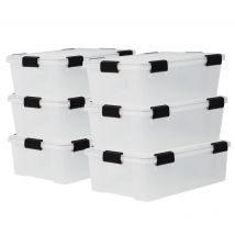 Iris Ohyama - 6 Cajas herméticas de plástico con tapa y cierres a presión, 30L, Transparente, sello impermeable, apilables, antipolvo, para ropas,