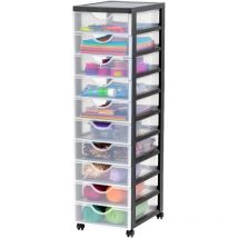 Iris Ohyama - Kunststoff-Schubladenbox mit Rollen, 10 flachen Schubladen, Schwarz, Griffe zum Ziehen, Für Schlafzimmer, Schule & Büro, BPA-frei,