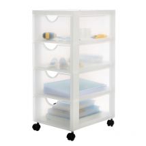 Kunststoff-Schubladenbox mit Rollen, 4 flachen Schubladen, Mattweiß, Griffe zum Ziehen, Für Schlafzimmer, Schule & Büro, BPA-frei, Schubladenschrank,