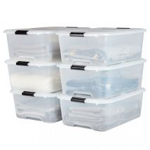 Iris Ohyama - Scatole Portaoggetti in Plastica con Coperchio, 30L, Lotto di 6, Trasparente, Con Chiusura a Clip, Empilabile, Solido, Per Armadio,