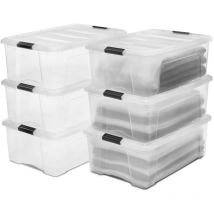 Iris Ohyama - Aufbewahrungsboxen mit Deckel, 30L, 6er-Set, Transparent, Sicherer Verschluss, Stapelbar, Griffe, Schlafzimmer, Schrank, Büro,