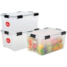 Iris Ohyama - 3 Cajas herméticas de plástico con tapa y cierres a presión, 50L, Transparente, sello impermeable, apilables, antipolvo, para ropas,