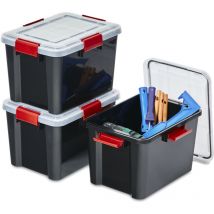 3 Cajas herméticas de plástico con tapa y cierres a presión, 20L, Negro, sello impermeable, apilables, antipolvo, para ropas, camping, exteriores,