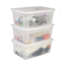 3 Cajas de Almacenaje Plástico Versátiles con Tapa, 11L, Transparente, Cierre fácil, Apilable, para Armario, Estante, Aula, Organizadora, Ropa,