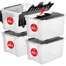 Kunststoff-Aufbewahrungsbox mit Flügeldeckel, 48L, 4er-Set, Transparent, BPA-frei mit Griffen, Stapelbar und nestbar, Solide Organisation,