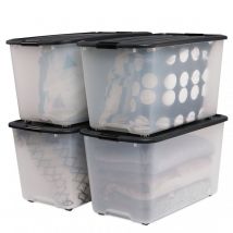 Kunststoff-Aufbewahrungsbox, 70 l Garagen-Aufbewahrungsbox, 4er-Set, BPA-frei, TBR-70, Schwarz, stapelbar, Verschlussklammern – B68 x T39 x H38 cm