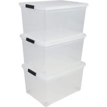 Scatola portaoggetti in plastica, Scatola portaoggetti per ufficio da 50 litri, Lotto di 3, NCS-320, Trasparente, Impilabile, Clip di chiusura - L54