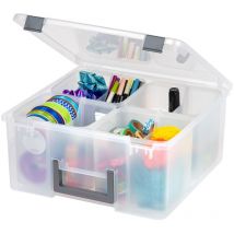 Portable Clear Plastic Storage Compartment Box With Handle, Grey, 25l, Secure Latches, 4 Removable Inner Cups And 4 Dividers, For Hobby, Craft, Art, 