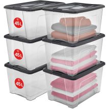 Scatole Portaoggetti In Plastica Con Coperchio, 45l, Lotto Di 6, Nero, Clip Di Bloccaggio, Empilabile, Maniglia, Per Camera, Armadio, Ufficio, 