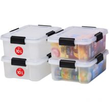 Iris Ohyama - Luftdichte Kunststoff-Aufbewahrungsboxen mit Deckel, 10L, 4er-Set, Transparent, Hermetischer wasserdichter Verschluss, Robuste