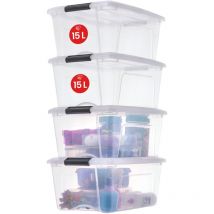 Iris Ohyama - Aufbewahrungsboxen mit Deckel, 15L, 4er-Set, Transparent, Sicherer Verschluss, Stapelbar, Griffe, Schlafzimmer, Schrank, Büro,