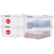 Aufbewahrungsboxen Mit Deckel, 30l, 4er-set, Silber, Sicherer Verschluss, Stapelbar, Griffe, Schlafzimmer, Schrank, Büro, Organisation, Bpa-freies 