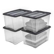 Aufbewahrungsboxen mit Deckel, 45L, 4er-Set, Schwarz, Sicherer Verschluss, Stapelbar, Griffe, Schlafzimmer, Schrank, Büro, Organisation, BPA-freies