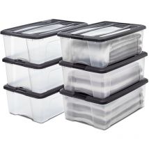 Iris Ohyama 6 Cajas de Almacenaje Plastico con Tapa, 30L, Negro, Clips de Cierre, Duradero, Apilable, para Dormitorio, Armario, Oficina,