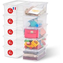 Scatole Portaoggetti, 5L, Set di 10, Trasparente, Chiusura facile, Impilabile, Plastica Trasparente, Per Armadio, Scaffali, Scuola, Organizzazione,