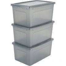 Scatole Portaoggetti, 50L, Set di 3, Grigio, Chiusura facile, Impilabile, Plastica Trasparente, Per Armadio, Scaffali, Scuola, Organizzazione,