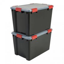 Iris Ohyama - Scatole Portaoggetti Ermetiche in Plastica, 70L, Set di 2, Nero, Coperchio Impermeabile, con Chiusura, Impilabile, Per Esterni, Garage,