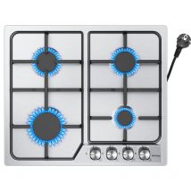 IsEasy Placa de gas de 4 Quemadores 59cm Plata–(Acero inoxidable)Gas Natural/Propano-4 fuegos