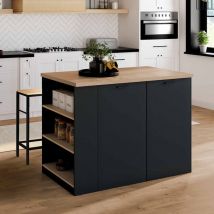 Idmarket - Isla central tibo 120 cm en madera negra con encimera efecto haya