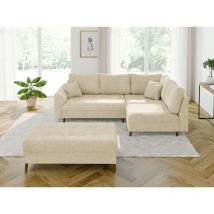 S-style Möbel - Ivar - Ecksofa mit Schlaffunktion und Hocker mit Braun Holzfüßen im skandinavischen Stil aus Beige Chenille-Stoff