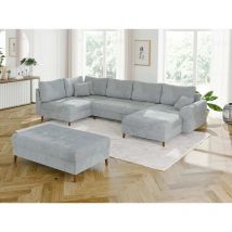 S-style Möbel - Ivar - Wohnlandschaft mit Schlaffunktion und Hocker mit Braun Holzfüßen im skandinavischen Stil aus Hellgrau Chenille-Stoff