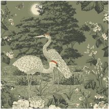 Izumi Oriental Cranes Wallpaper Paste the Paper Half Drop Match 10m x 52cm Green