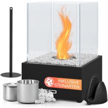 Jago - Chimenea de Mesa - Bioetanol, Portátil, 24,5x20,5x28 cm, Acero Inoxidable, 4 Paneles de Vidrio, con Piedras Decorativas, para Interiores y