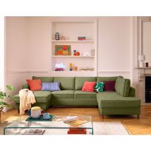 Jake - canapé panoramique d'angle droit 7 places convertible avec coffre en tissu velours relief