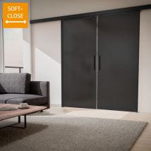 Double porte coulissante intérieure - 180 x 203 cm - verre opaque anthracite - 2 vantaux - Schulte - Poignée barre + Double amortisseur Softclose