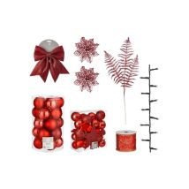 Boule de Noël – 100 articles décoratifs rouges – 65 boules en plastique – 6 branches décoratives – 16 poinsettias – 8 nœuds rouges – 4 rubans – 1 